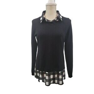 Adrianna Papell Sweater Plaid Shirt Faux Twofer Womens Top Sz Small Black White
